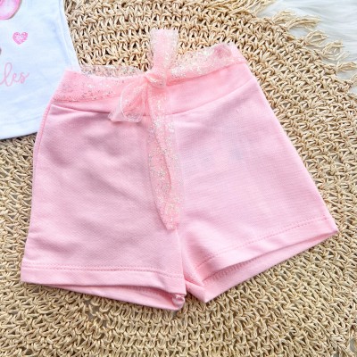 Conj. Blusa Little Shoes e Short com Cinto em Tule - Branco e Rosa
